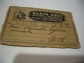 1923 Klein Bros.  Doctors Of Pharmacy Card - Signed