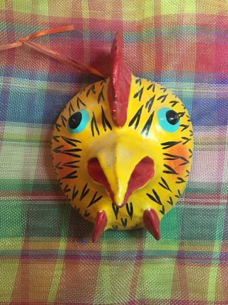 Mexican Primitive Folk Art Hand Painted Coconut Shell Barnyard Rooster Exc