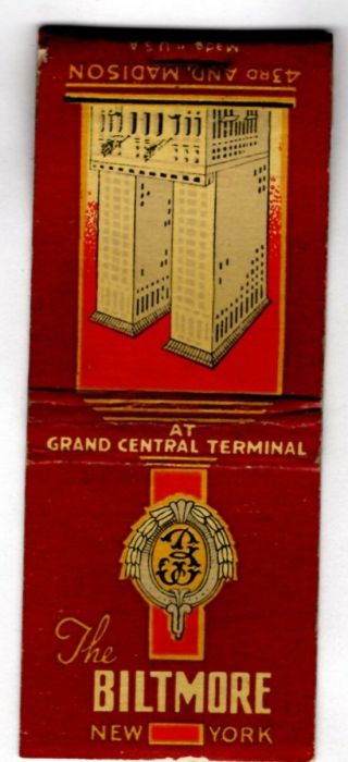 The Biltmore Hotel Grand Central Terminal Nyc Vintage Matchbook Cover Dec - 20