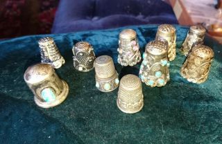 Assorted Silver [?] And Pewter Thimbles (10) Vintage
