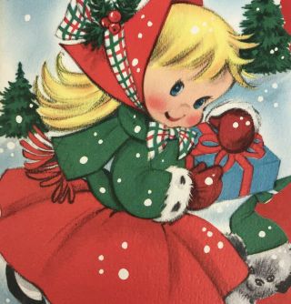 Vintage Mid Century Christmas Greeting Card Cute Girl In Dress Mittens Puppy