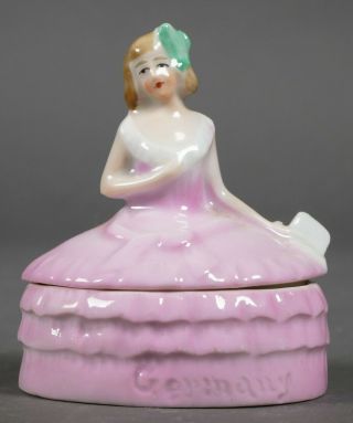 Vintage German Miniature Figural Porcelain Dresser Jar Half Doll W/ Pink Dress