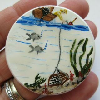 Fantastic Xl Antique Vtg 2 " Studio Ceramic Button Hand Painted Boat At Sea (y)