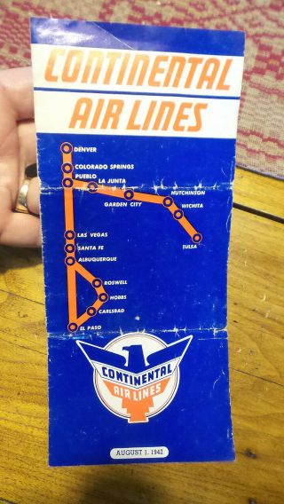 August 1,  1942 Continental Air Lines Timetable Airlines