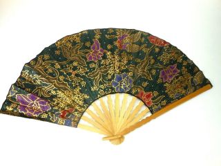 1990s Bamboo Fan 31 Inches Floral Decorated Wall Art Asian Fan