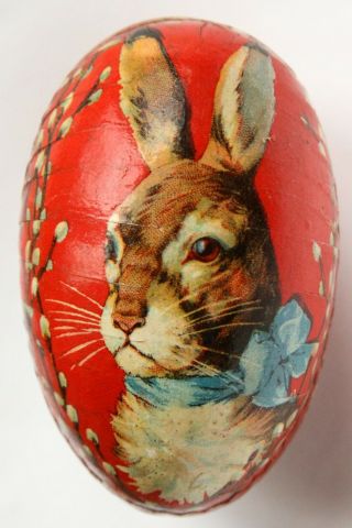 Early 3 " German Easter Egg Paper Mache Candy Container Red Bunny Rabbit Head Vtg