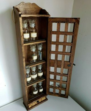 Spice Cabinet Vintage Mid Century Glass Bottles - Wooden Tall Skinny - Japan