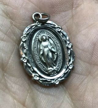 Antique Catholic Religious Bli Sterling Miraculous Virgin Mary Medal Pendant