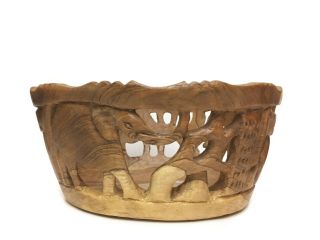 Unique Hand Carved Wooden African Animal Elephant Giraffe Serving Bowl Decor