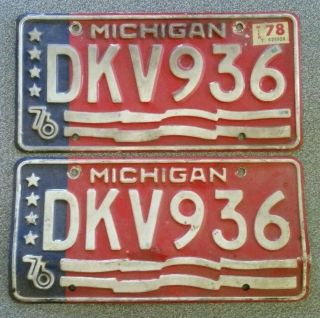 Vintage 1976 Michigan Bi - Centennial License Plates Dkv936 Matching Pair Set