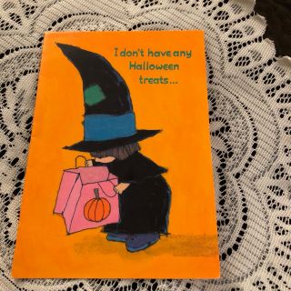 Vintage Greeting Card Halloween Cute Witch Girl Trick Or Treat Bag