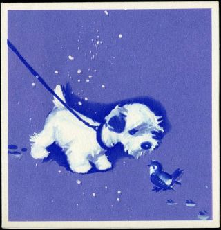 Vintage Christmas Card Art Deco Scottie Dog Baby Bird 1946 Rust Craft
