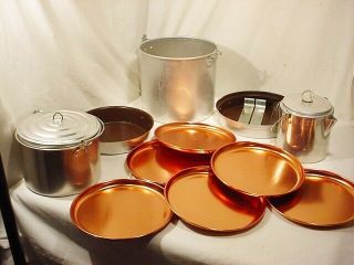 Vtg Mirro Aluminum Camp Mess Kit 15 Pc Nesting Pan Coffee Pot Plate Cookware Set
