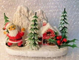 Vintage Adorable Christmas Blow Mold Diorama Santa House Pine Scene Glitter