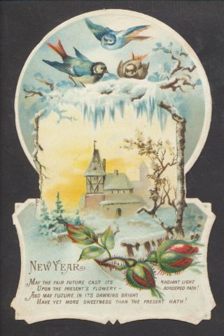C3905 Victorian Year Card: Winter Scene & Birds