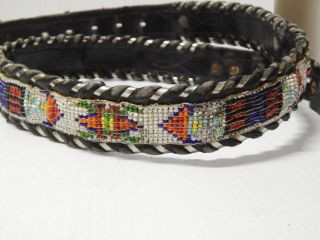 Vintage Western Cowboy Beaded Leather Belt Indian Dsgn Circle Y Silver Laced 34