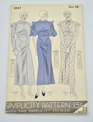 Vintage Simplicity Sewing Pattern 1247 One Piece Dress 1930s 1940s Size 38