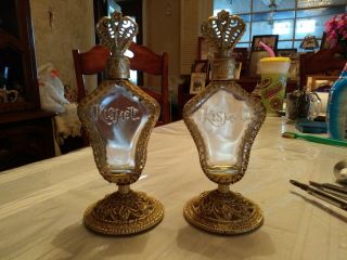 Vintage Kismet Glass Perfume Bottles With Gold Filigree Metal Work