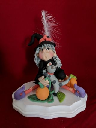 Handmade Halloween Witch With Cat Figure Poly Clay
