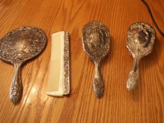 Vintage Vanity Set With Mirror,  Comb And 2 Brushes