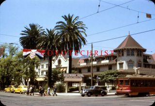 Orig Kodachrome Slide Hollywood Hotel Los Angeles Pacific Electric Trolley 1950s