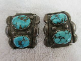 Old Sterling & Turquoise Navajo Watch Band Tips - - Signed - - Nr
