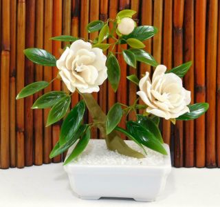 Japanese Bonsai Tree Carved White Glass Flowers & Green Glass Leaves By Gumps