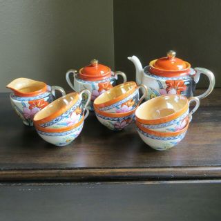 Vintage Luster Ware Tea Set Made In Japan Orange Copper Black Pink Flowers