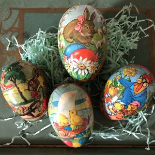 4 Vintage Paper Mache Easter Egg Candy Containers West Germany Chicks & Bunnies
