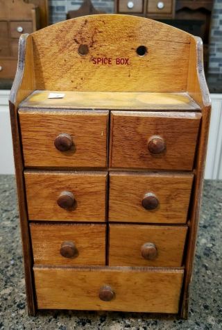 Vintage Antique 7 Drawer Solid Wood Wall Mount Spice Box (5)