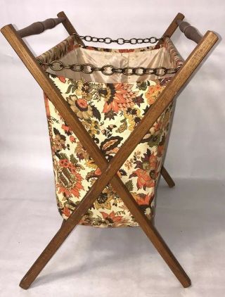 Vintage Knitting Stand Up Cloth Bag Folding Wood Frame Sewing Crochet Basket 2