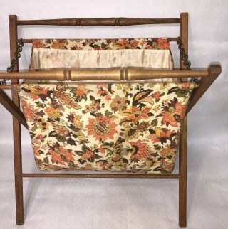 Vintage Knitting Stand Up Cloth Bag Folding Wood Frame Sewing Crochet Basket 3