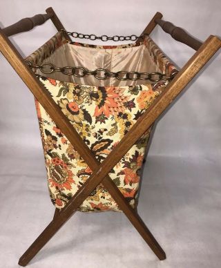 Vintage Knitting Stand Up Cloth Bag Folding Wood Frame Sewing Crochet Basket 7