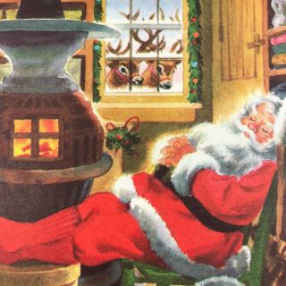 Vintage Mid Century Christmas Greeting Card Santa Claus Sleeping Reindeer Watch