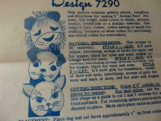 Vintage 50s Mail Order Pattern Animal Face Pillows - 7290 - Cat,  Dog,  Lion