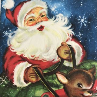 Vintage Mid Century Christmas Greeting Card Santa Claus With Reindeer Embossed
