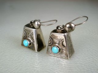 Old Navajo Stamped Sterling Silver & Turquoise Mother In Law Bell Earrings