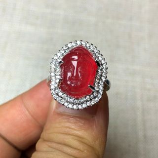Rare Chinese S925 Silver & Red Jadeite Jade Handwork Buddha Head No.  6.  5 - 12 Ring