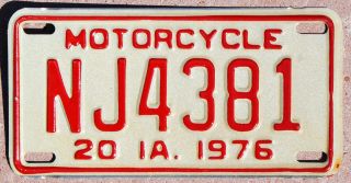 1976 Iowa Motorcycle License Plate Nj4381