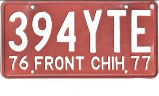 Mexico 1976 1977 License Plate - - 394 Yte - - Fronterza Chihuahua