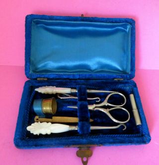 Antiqueoriginal Sewing Kit,  Scissors,  Pin Case,  Thimble,  Carved Pearl Tools Etc. ,