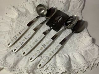 Set 5 Vintage Flint Arrowhead Wheat Handle Utensils Spatula Spoons Ladle Spoons