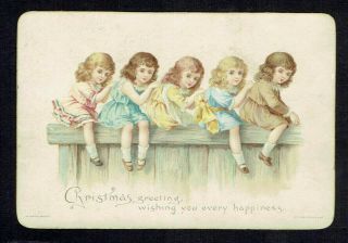 Victorian Christmas Greetings Card Five Girls Sat In A Row On Fence Hagelberg