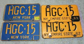 2 Pair Matching Vintage York States License Plates,  Hgc - 15,  Blue Yellow/gold