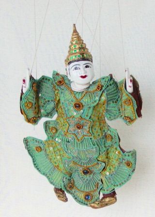 Wayang Golek Indonesian Marionette / Puppet Goddess In Green 14 Inches Tall