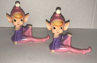 Vtg Japan 2 Pc Set Pixie Elf Elves Figurines Pink Purple