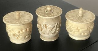 Antique 3 Chinese Carved Bone Workbox Spools Reel Thread Holders