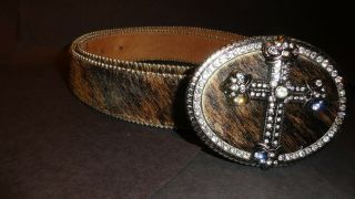 Cowboy Pony Horse Hair Belt Buckle Cross Rhinestones Sz 42 Leather Oval