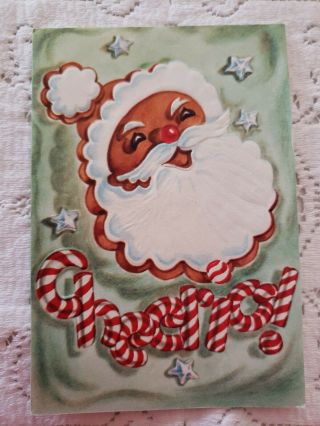 Vintage Christmas Greeting Card Santa Claus Sugar Cookies Bells Stars Baking