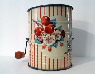 Vintage Kitchen Metal Flour Sifter Red Stripe And Cherry Blossoms